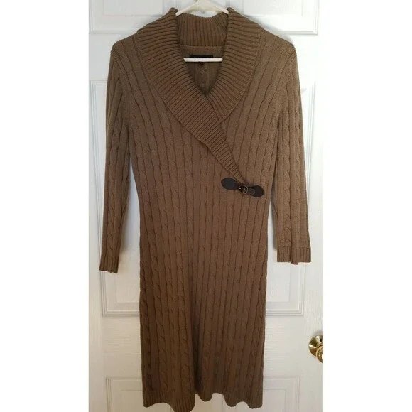 Ellen Tracy | Dresses | Ellen Tracy Brown Cable Knit Long Sleeve Sweater  Dress Womens Medium Acrylic | Poshmark